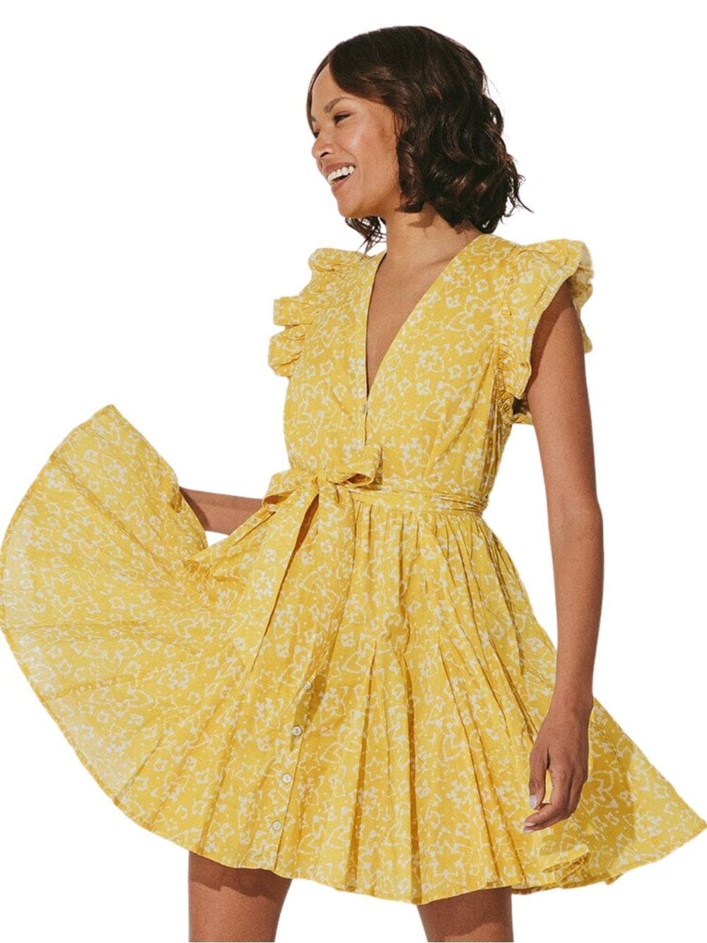 CLEOBELLA 100% Cotton Zia Mini Dress in Cassia Floral V-Neck Tie-Waist Size XS